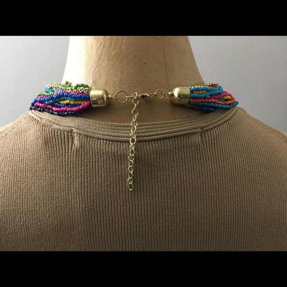 Multi Color Glass Seed & Multi Goldtone Chains Strand Boho Necklace 28" - Picture 6 of 12
